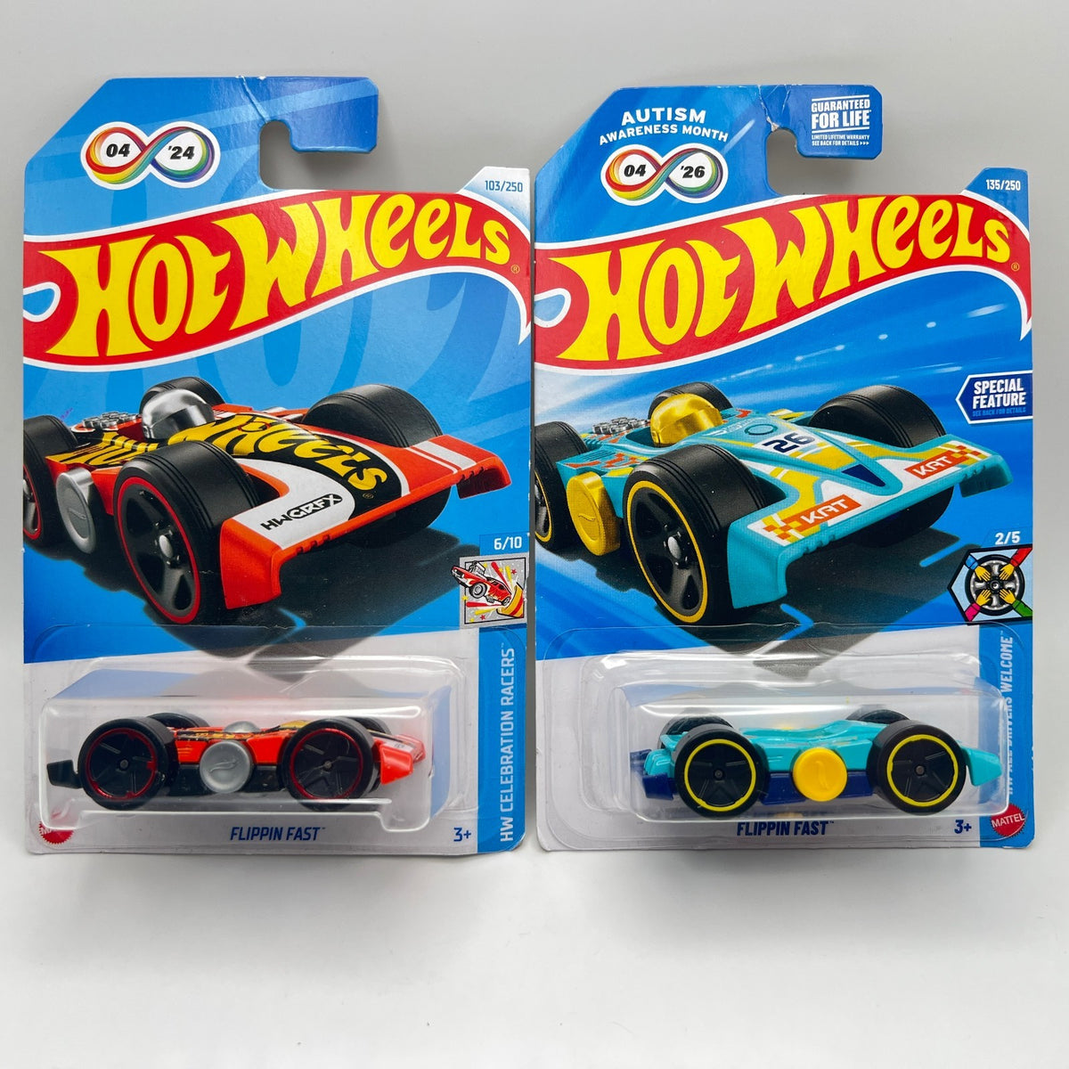Hot Wheels Flippin Fast Lot of 2 Red Celebration Racers & Teal Autism Awareness
