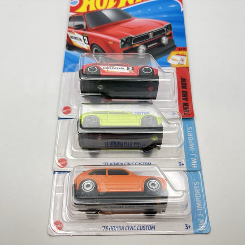 (3) 2024 Hot Wheels 1973 Honda Civic Custom Red, Green, Orange 1:64 JDM