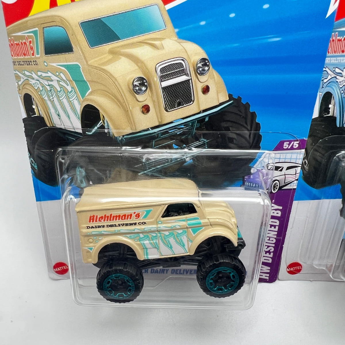 Hot Wheels Monster Dairy Delivery Lot of 2 Tan & Blue Riehlman's HW Designed By