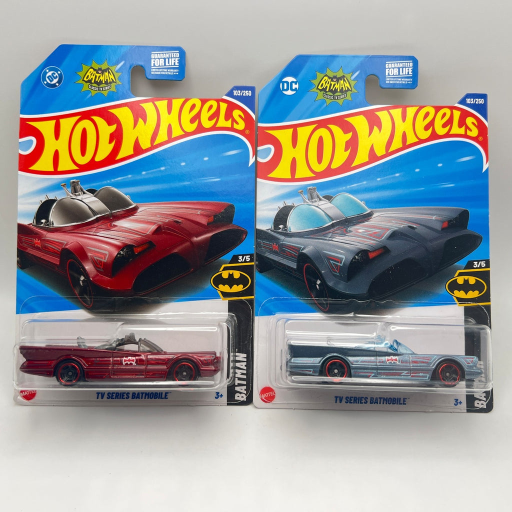 HOT WHEELS TV SERIES BATMOBILE LOT OF 2 RED & GREY BATMAN 3/5 103/250 1:64