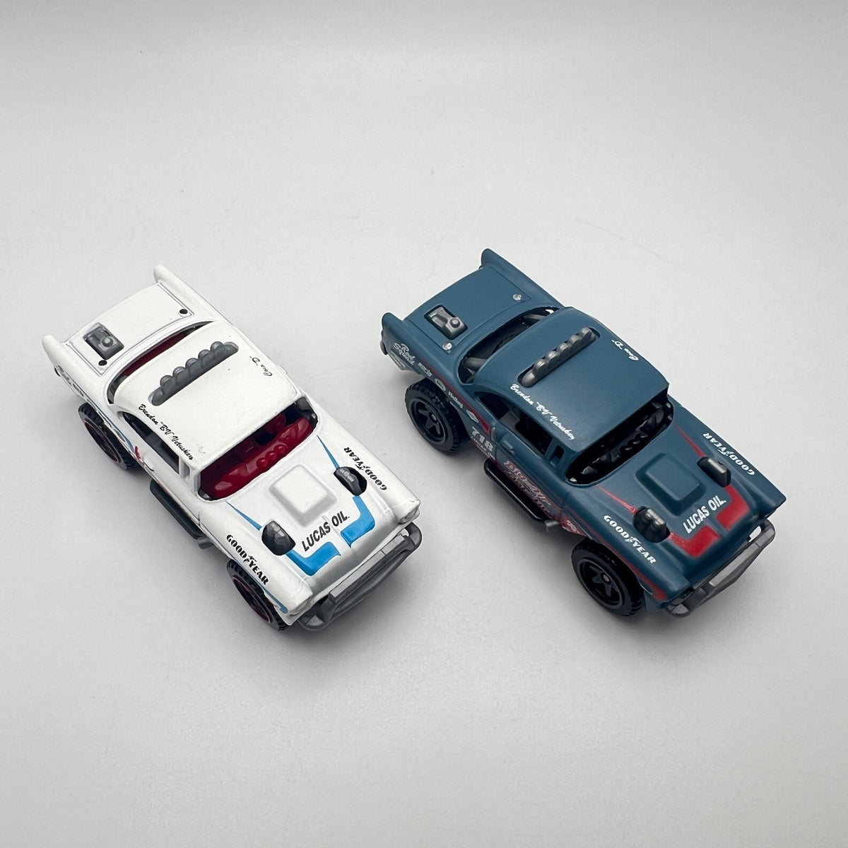 Hot Wheels Big-Air Bel-Air Lot of 2 White + Blue Gray Lucas Oil #718 LOOSE