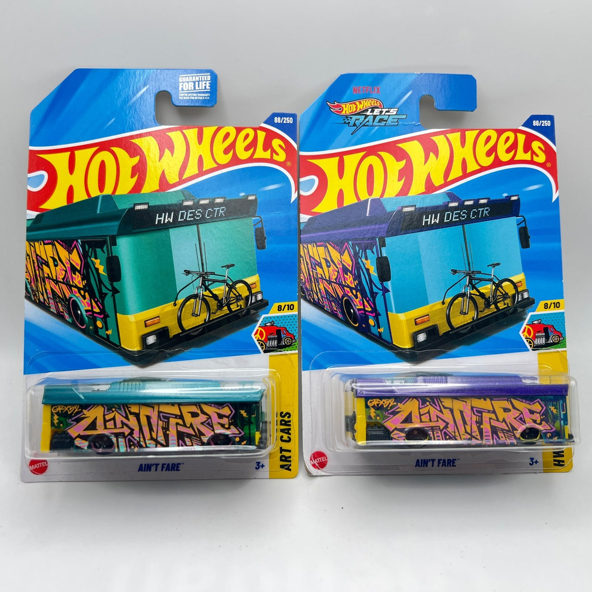 Hot Wheels Ain't Fare Lot of 2 Teal & Purple Graffiti Bus Art Cars 8/10 88/250