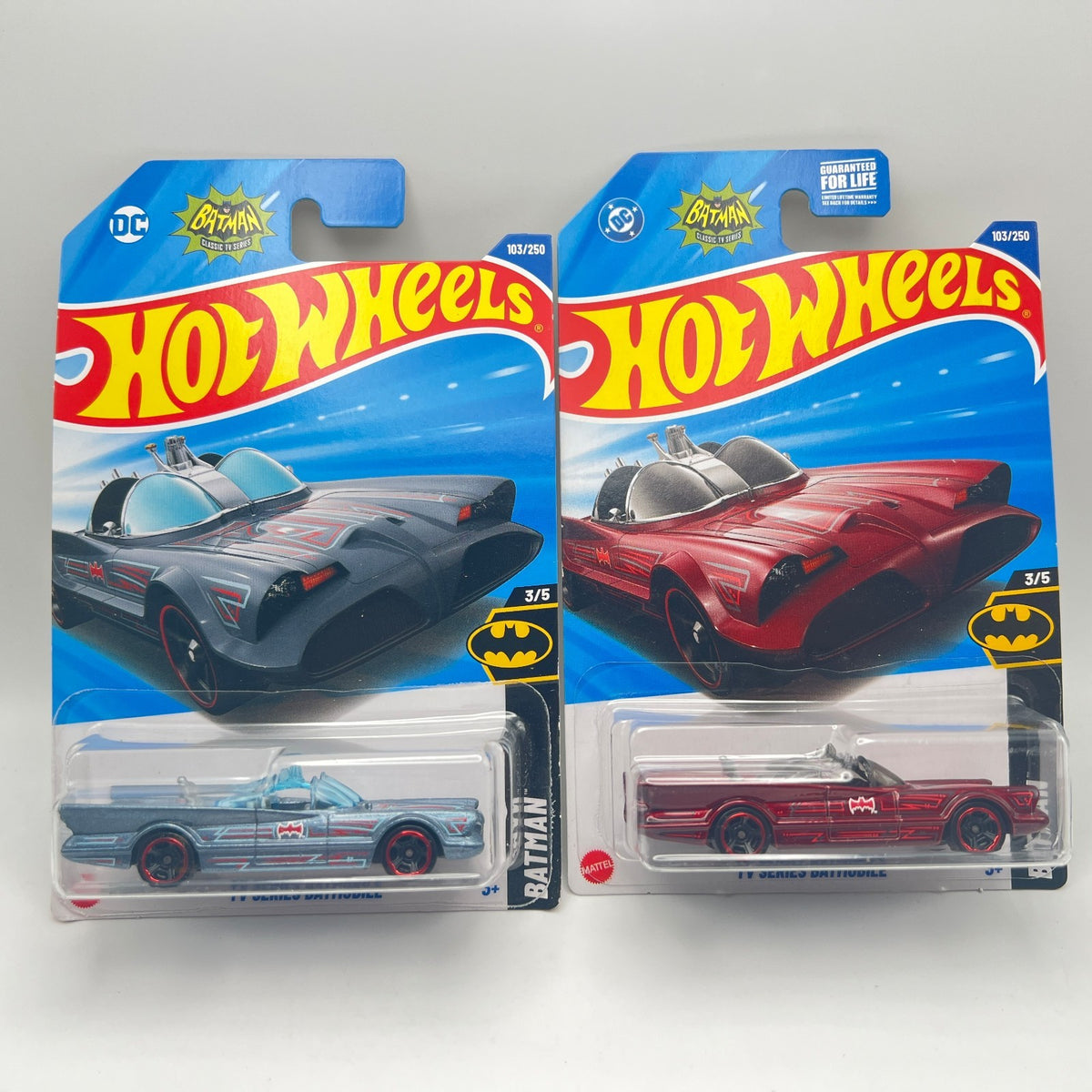 HOT WHEELS TV SERIES BATMOBILE LOT OF 2 RED & GREY BATMAN 3/5 103/250 1:64