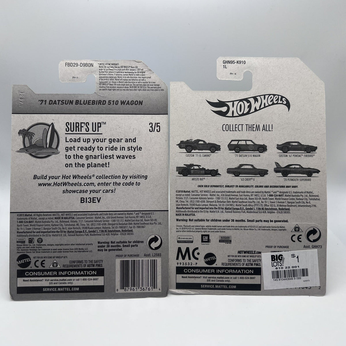 HOT WHEELS LOT OF 2 71 DATSUN BLUEBIRD 510 WAGONS, Blue & Grey 51st Anniversary
