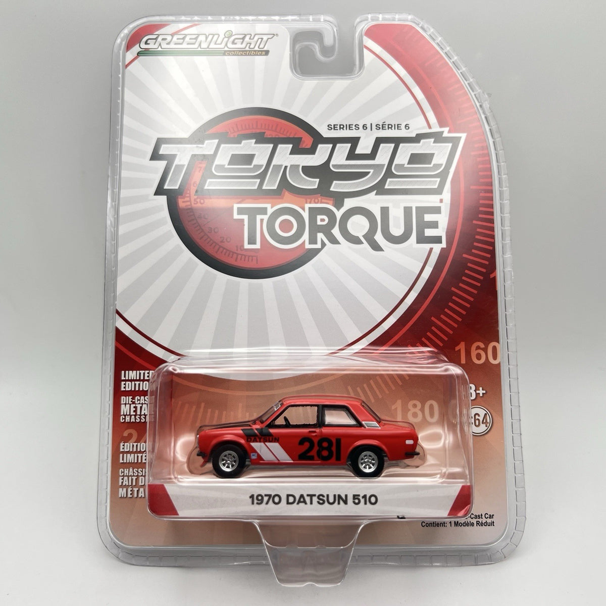 1/64 GREENLIGHT 1970 DATSUN 510 2 DOOR #281 RALLY CAR RED