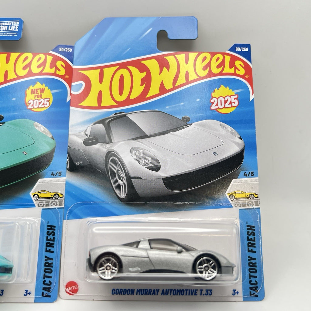 New 2025 Hotwheels Gordon Murray Automotive T.33 Lot of 2 Cars. Silver and Aqua