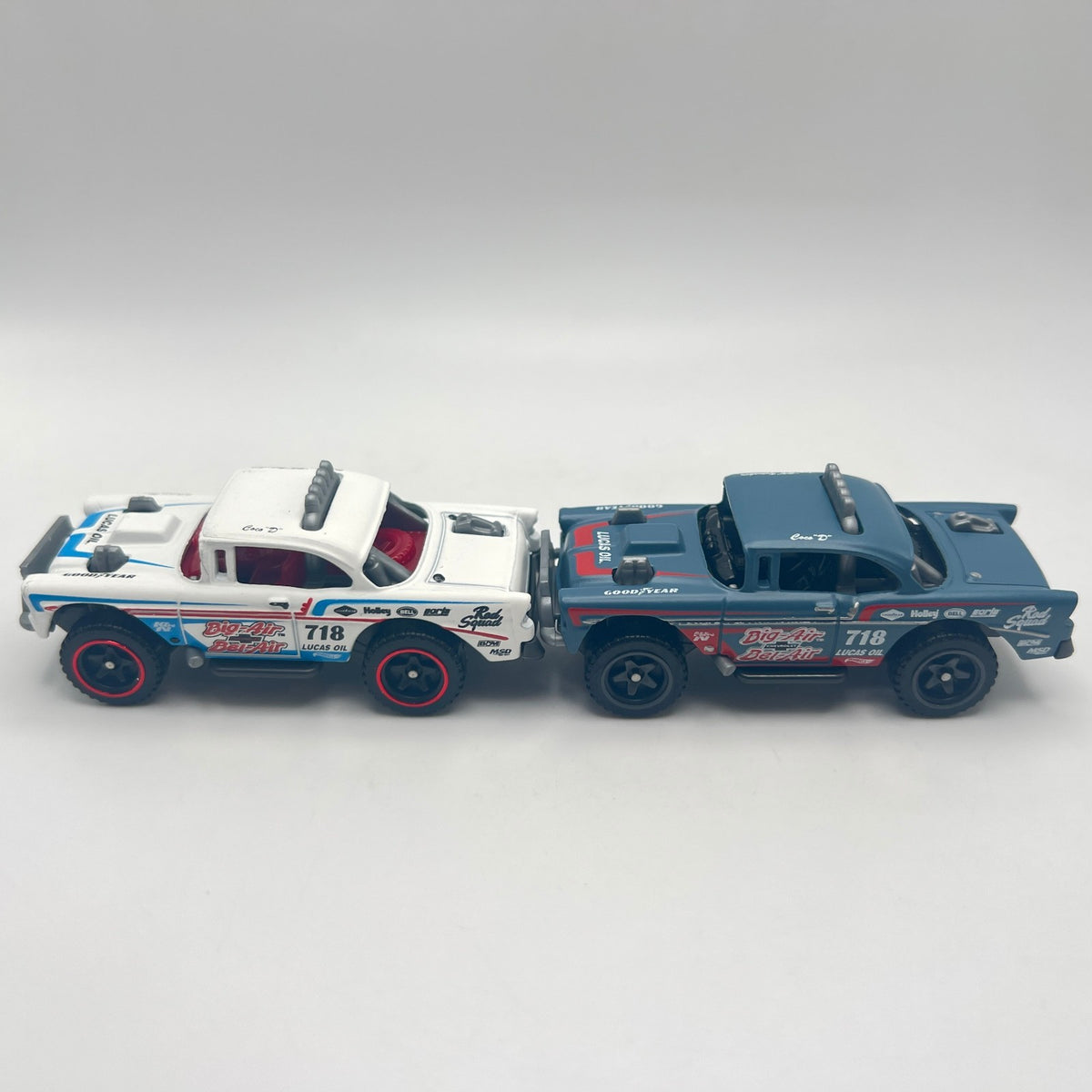 Hot Wheels Big-Air Bel-Air Lot of 2 White + Blue Gray Lucas Oil #718 LOOSE