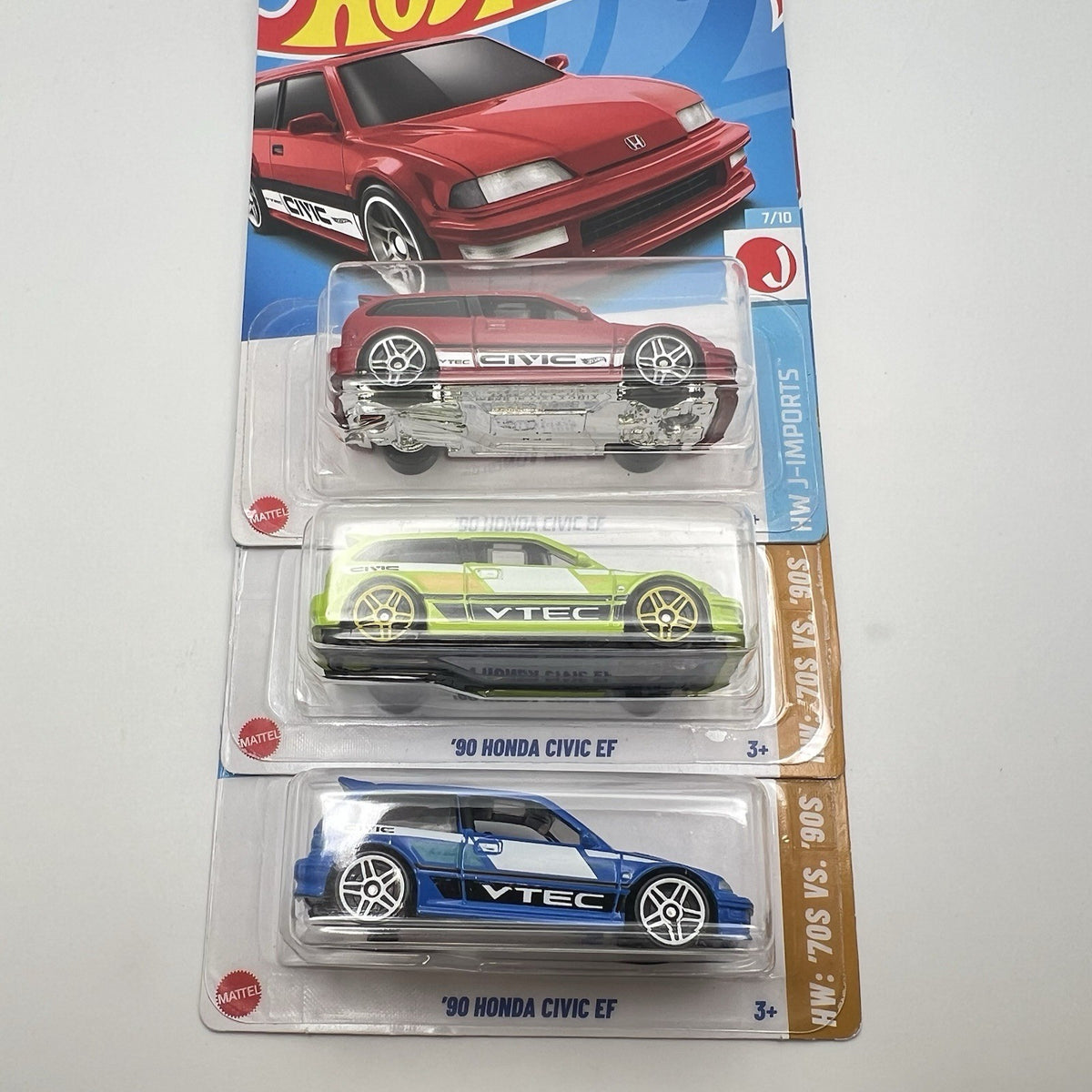 Hot Wheels ‘90 Honda Civic EF *LOT OF 3* Red, Blue & Lime Green