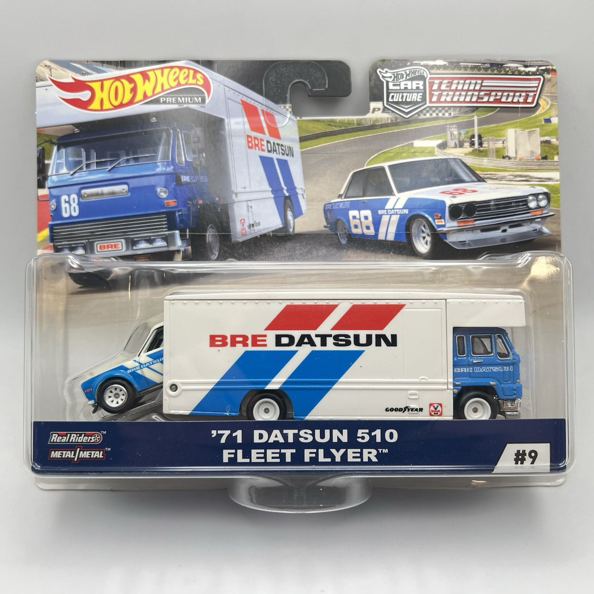 1/64 HOT WHEELS #9 TEAM TRANSPORT BRE 1971 DATSUN 510 FLEET FLYER BLUE & WHITE