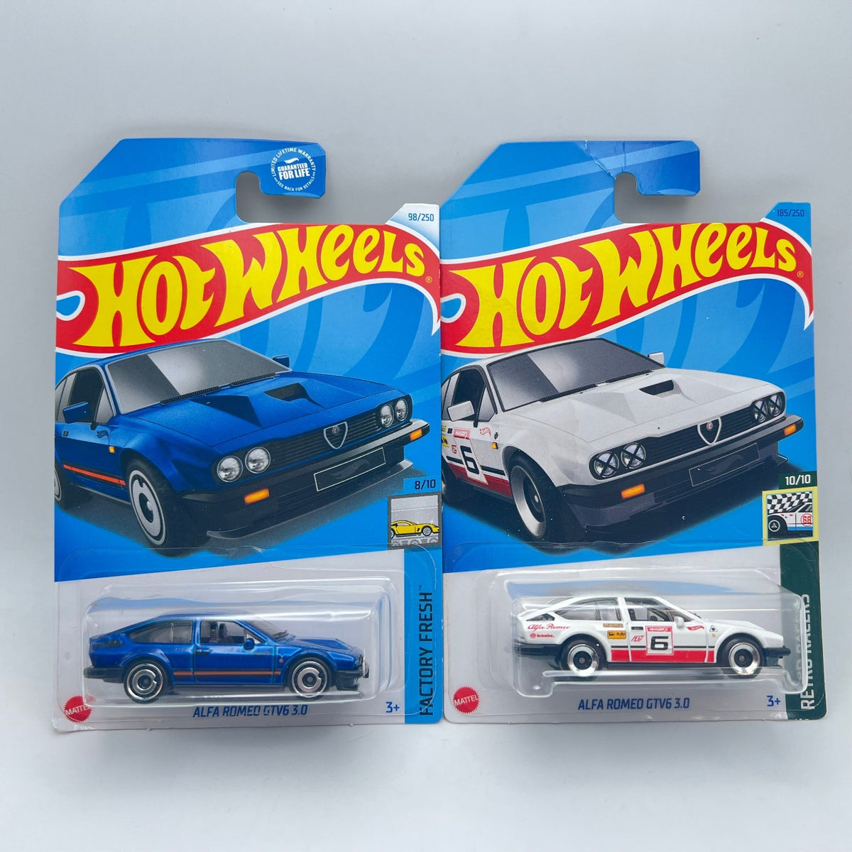Hot Wheels Alfa Romeo GTV6 Lot of 2 White Retro Racer Blue Factory Fresh Carded