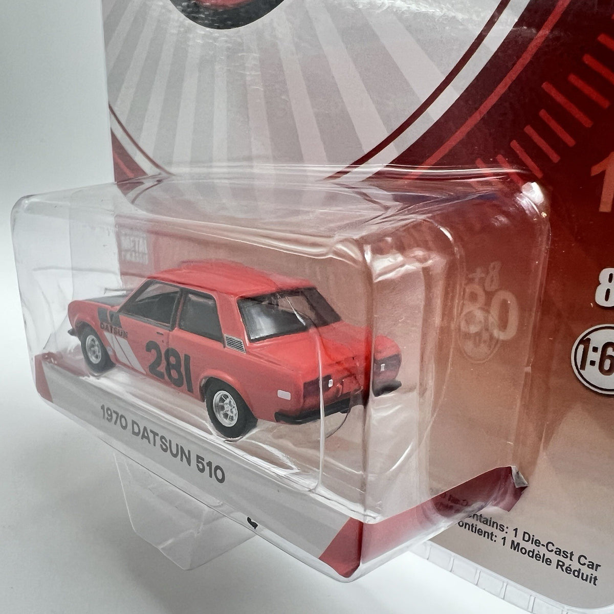1/64 GREENLIGHT 1970 DATSUN 510 2 DOOR #281 RALLY CAR RED