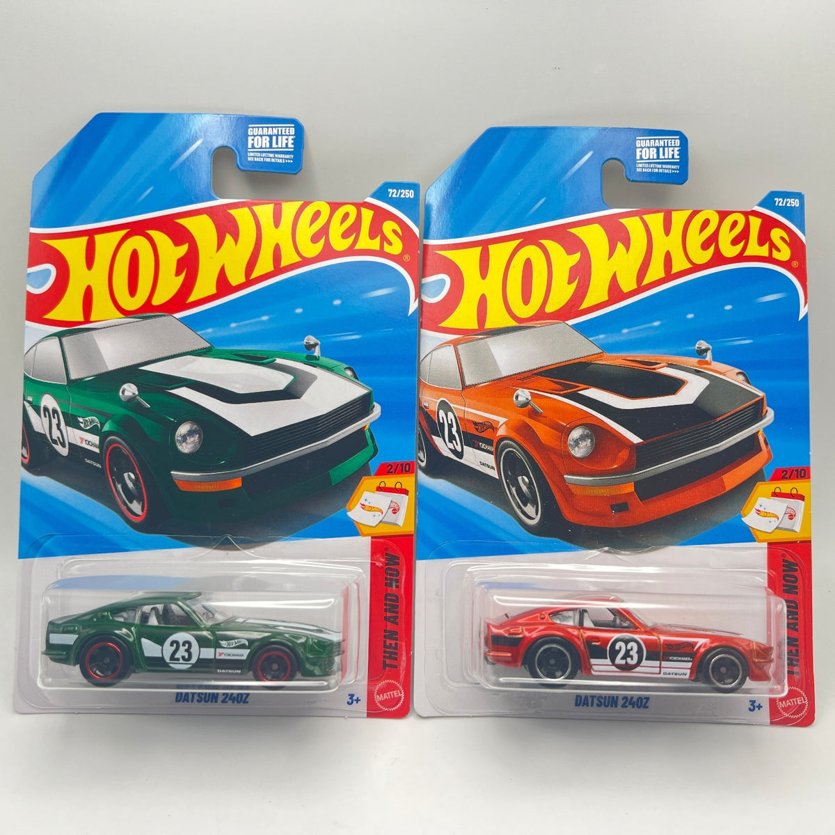 Hot Wheels Datsun 240Z Lot of 2 Green + Orange 72/250 Then and Now 2/10