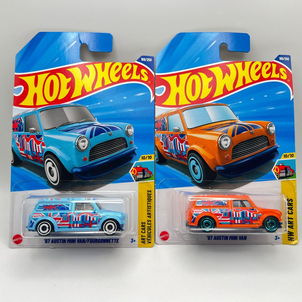 Hot Wheels 67 Austin Mini Van Lot of 2 Blue & Orange Union Jack HW Art Cars