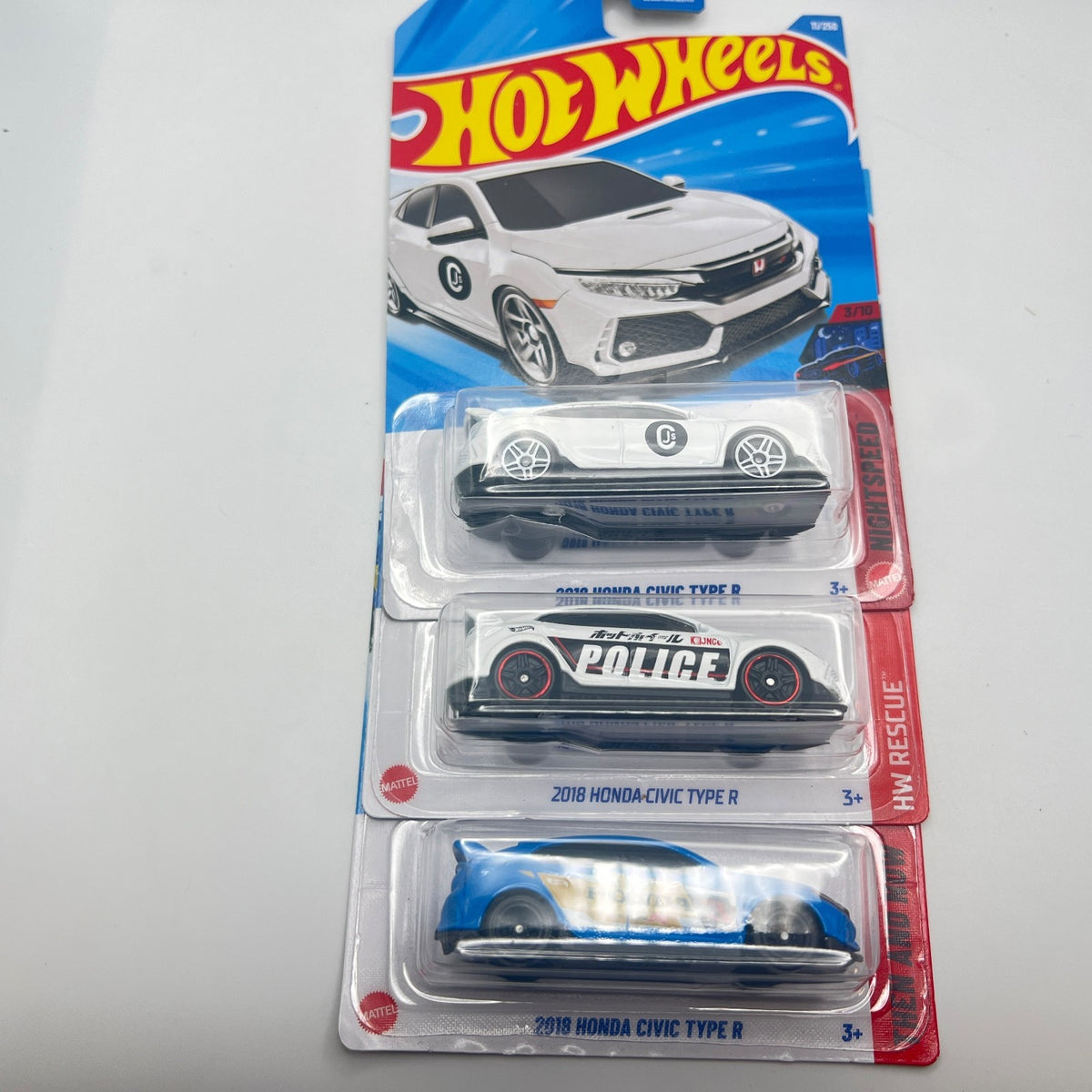 Hot Wheels 2018 Honda Civic Type R Lot of 3 White Police Blue 1:64