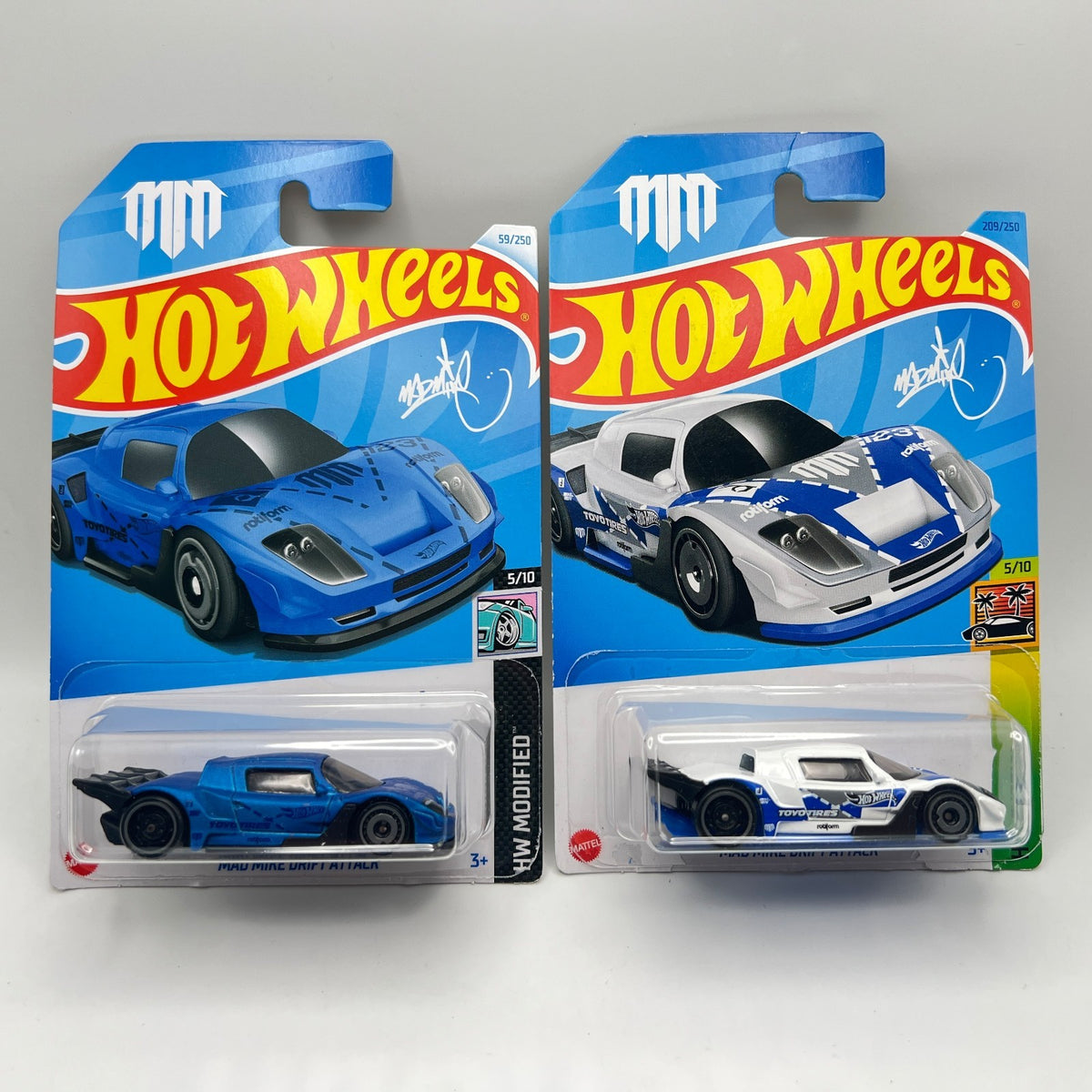 Hot Wheels Mad Mike Drift Attack Lot of 2 Blue HW Modified & White HW Exotics
