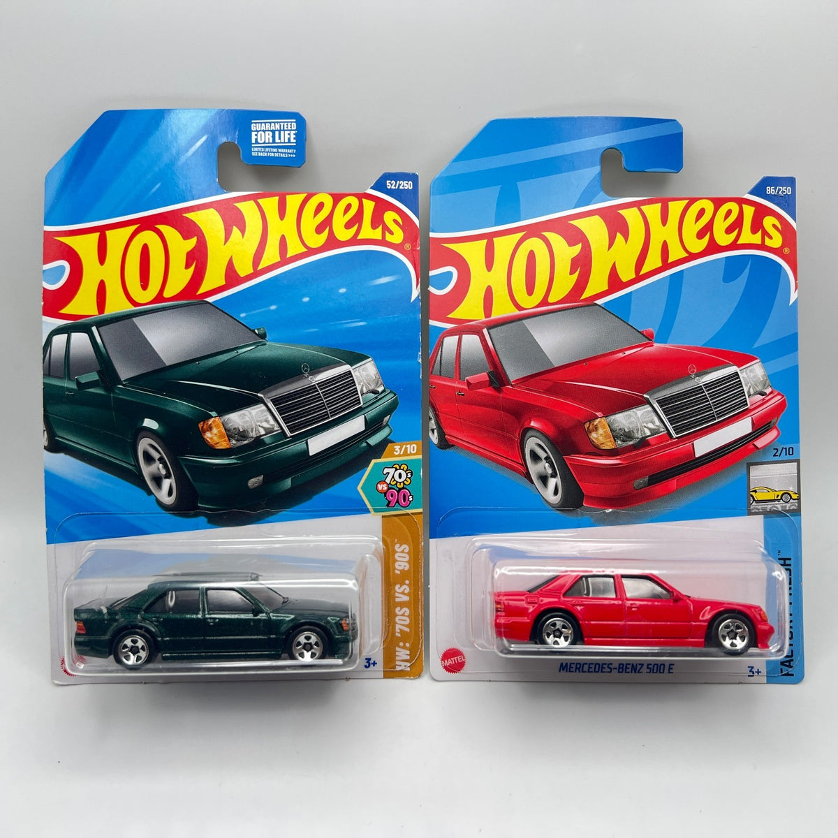 Hot Wheels Mercedes-Benz 500 E Lot of 2 Green 70s vs 90s & Red Factory Fresh