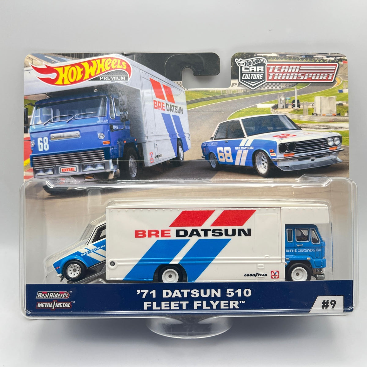 Hot Wheels Team Transport 71 Datsun 510 Fleet Flyer 9 BRE Blue White