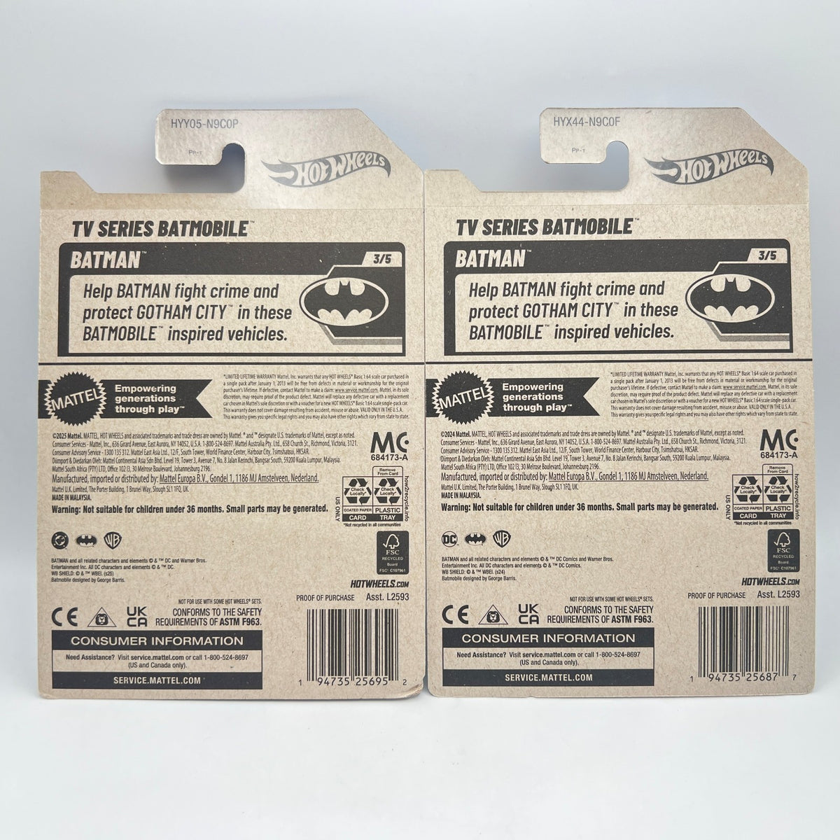 HOT WHEELS TV SERIES BATMOBILE LOT OF 2 RED & GREY BATMAN 3/5 103/250 1:64