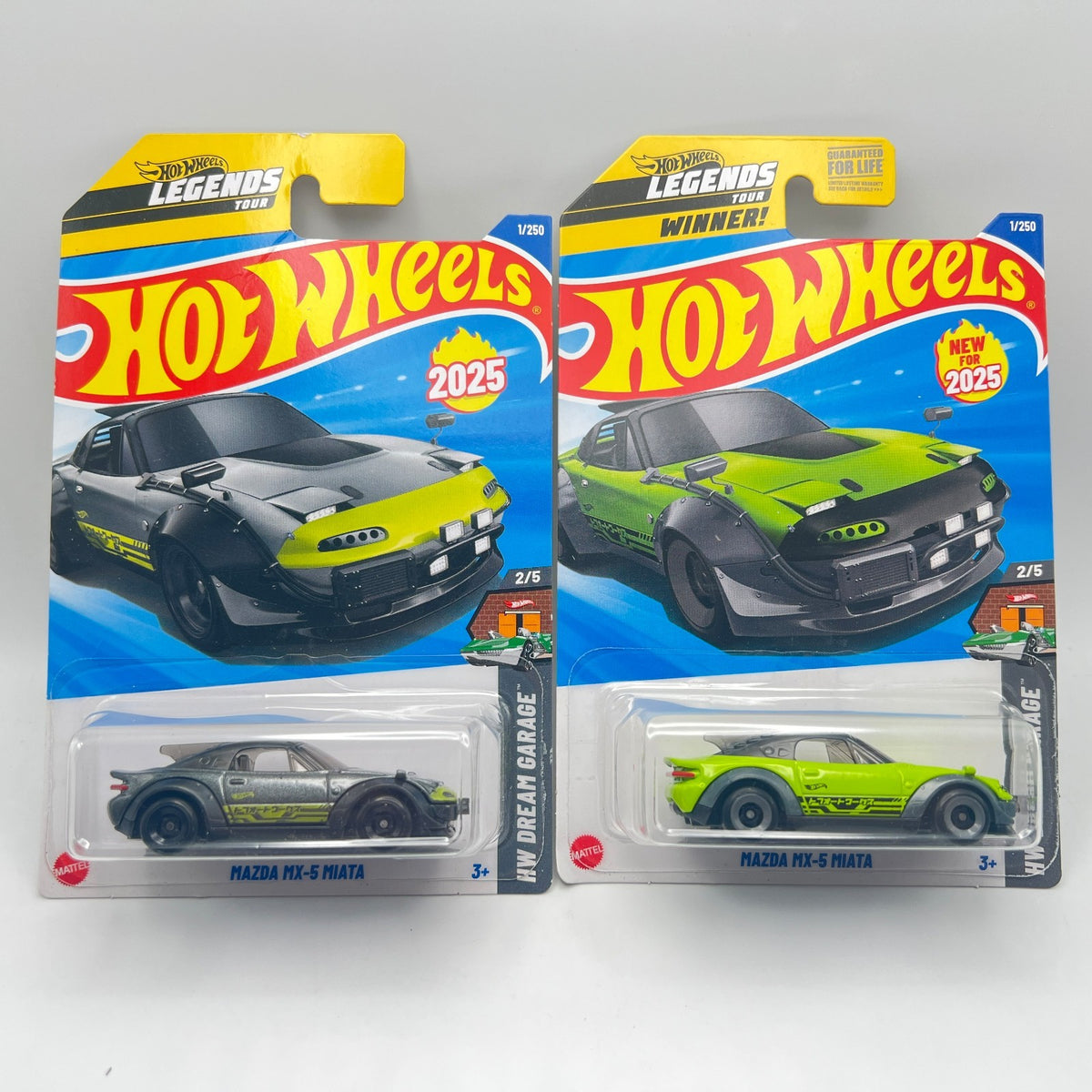 Hot Wheels Mazda MX-5 Miata Lot of 2 Gray + Green Winner 1/250 Dream Garage