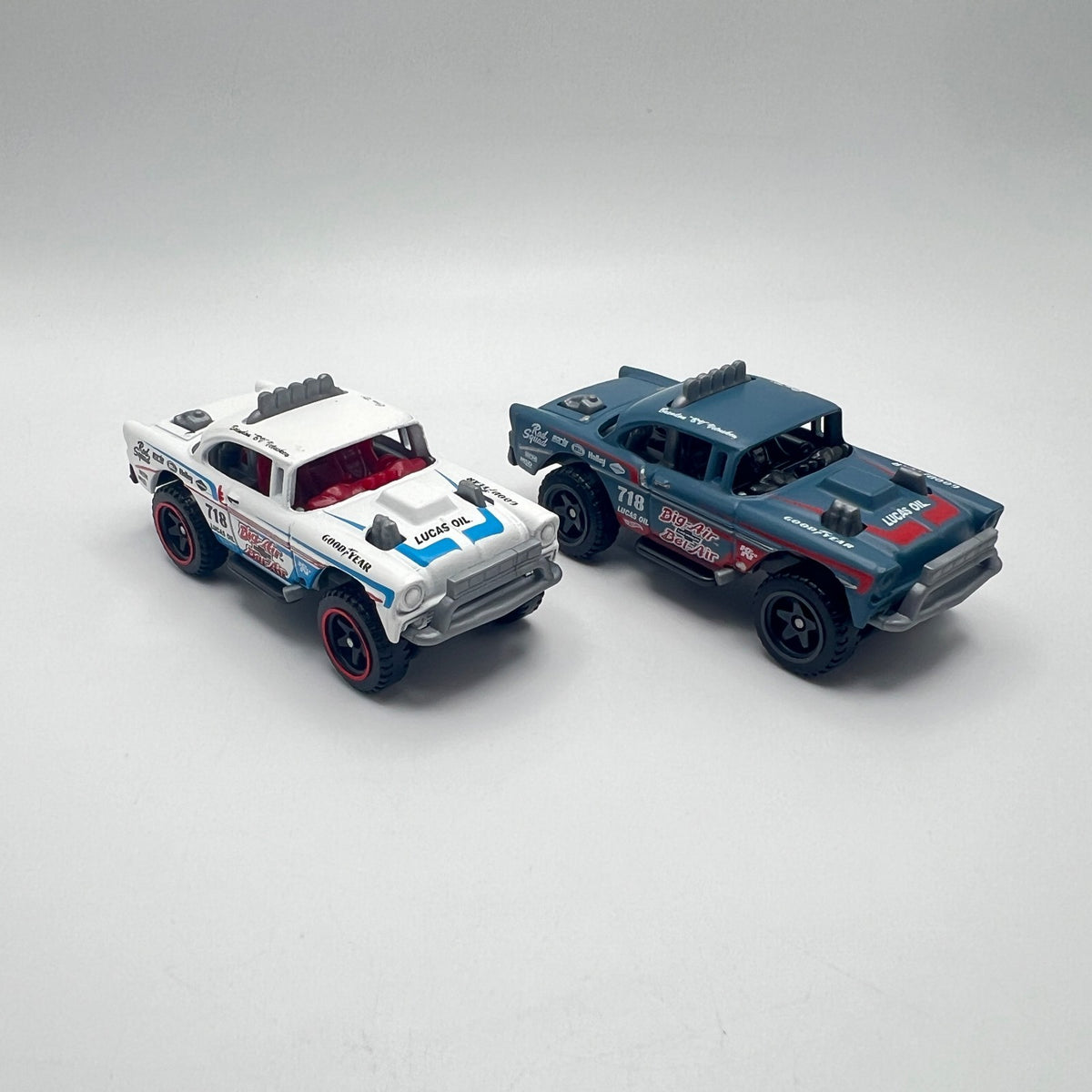 Hot Wheels Big-Air Bel-Air Lot of 2 White + Blue Gray Lucas Oil #718 LOOSE