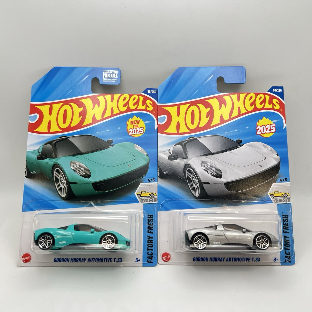New 2025 Hotwheels Gordon Murray Automotive T.33 Lot of 2 Cars. Silver and Aqua
