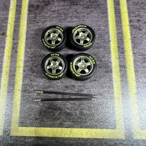 1/64 Scale 5 SPOKE Wheels With Rubbe Tires  For Hot Wheels Matchbox Tomica
