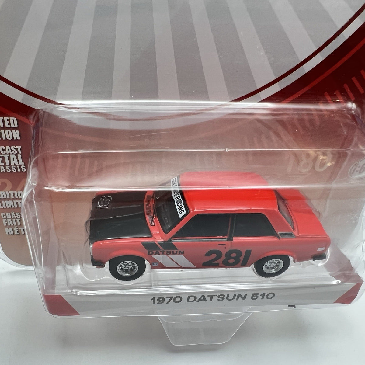 1/64 GREENLIGHT 1970 DATSUN 510 2 DOOR #281 RALLY CAR RED