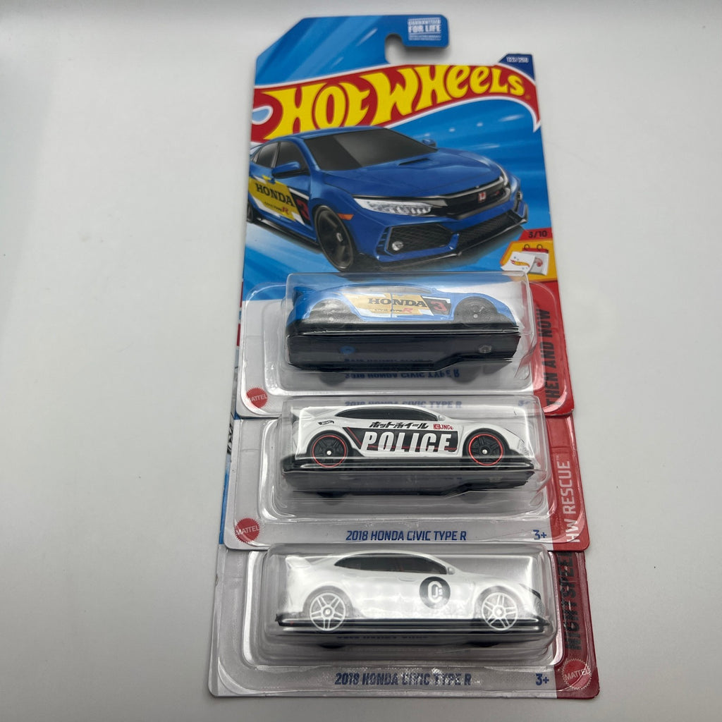 Hot Wheels 2018 Honda Civic Type R Lot of 3 White Police Blue 1:64