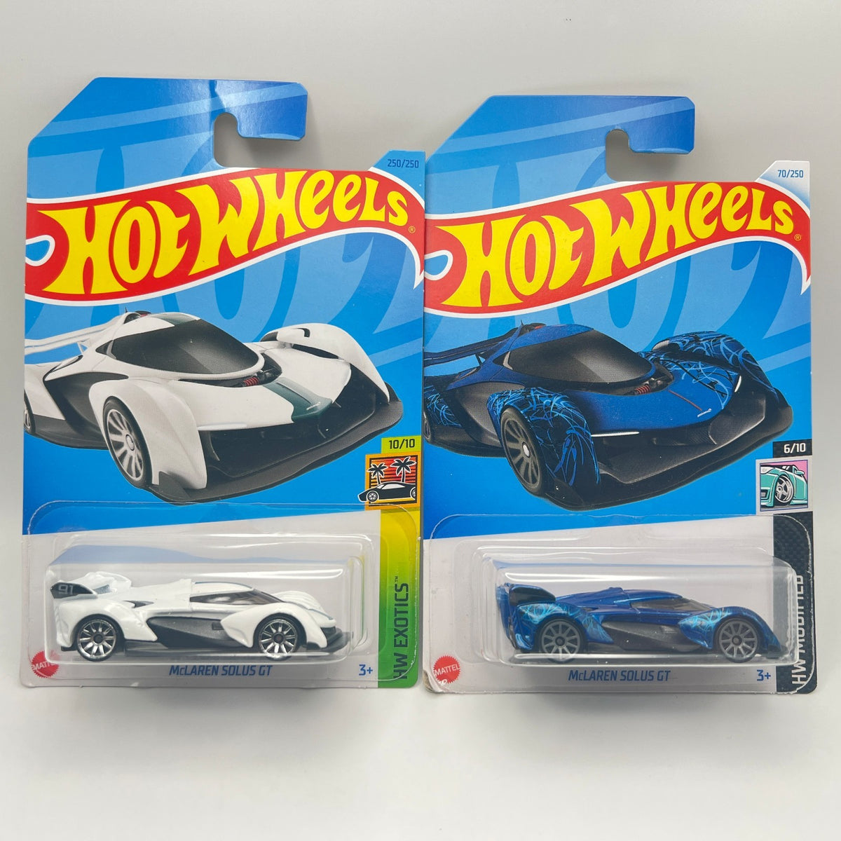 Hot Wheels McLaren Solus GT Lot of 2 White 250/250 HW Exotics + Blue 70/250