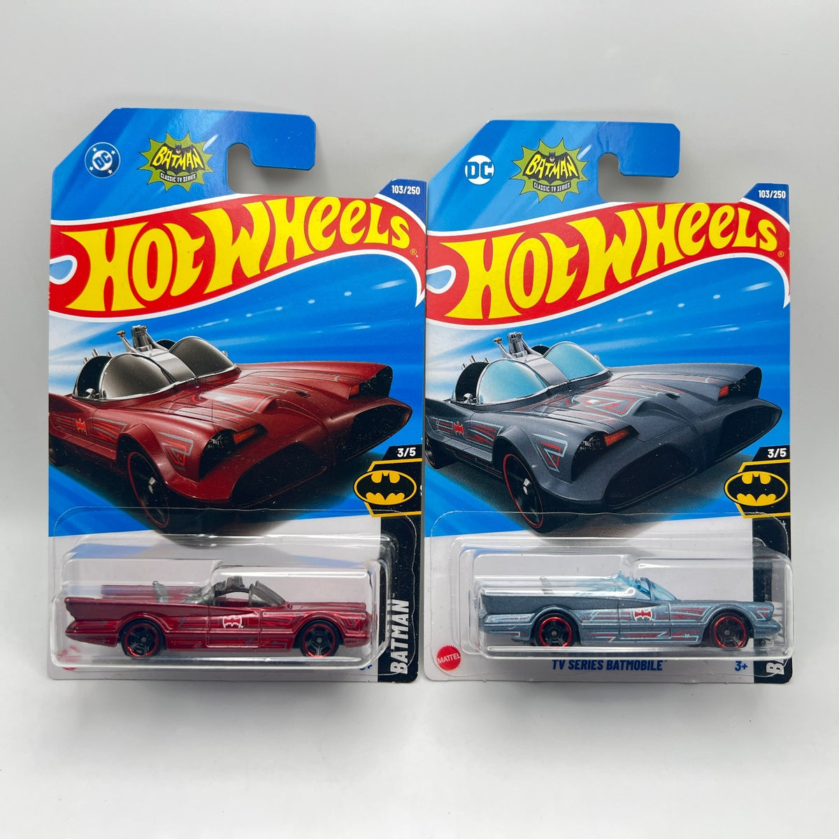 HOT WHEELS TV SERIES BATMOBILE LOT OF 2 RED & GREY BATMAN 3/5 103/250 1:64