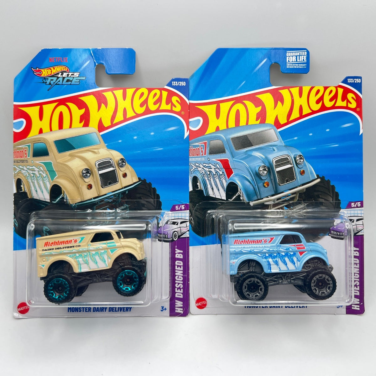 Hot Wheels Monster Dairy Delivery Lot of 2 Tan & Blue Riehlman's HW Designed By