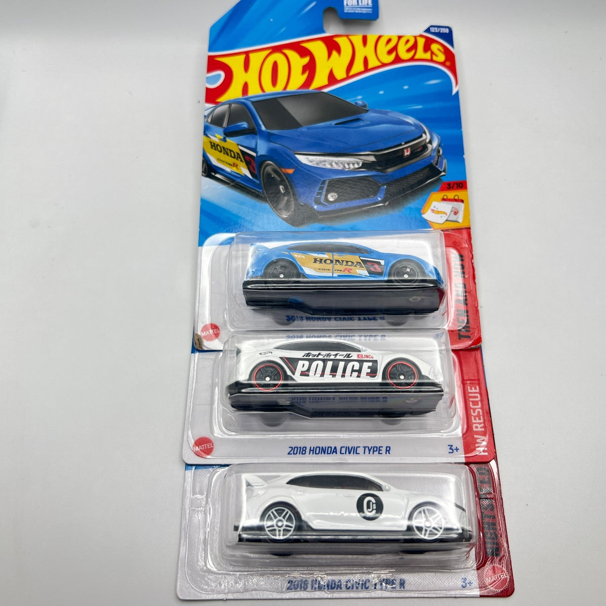 Hot Wheels 2018 Civic Type R Lot of 3 Blue 123/250 + Police + White