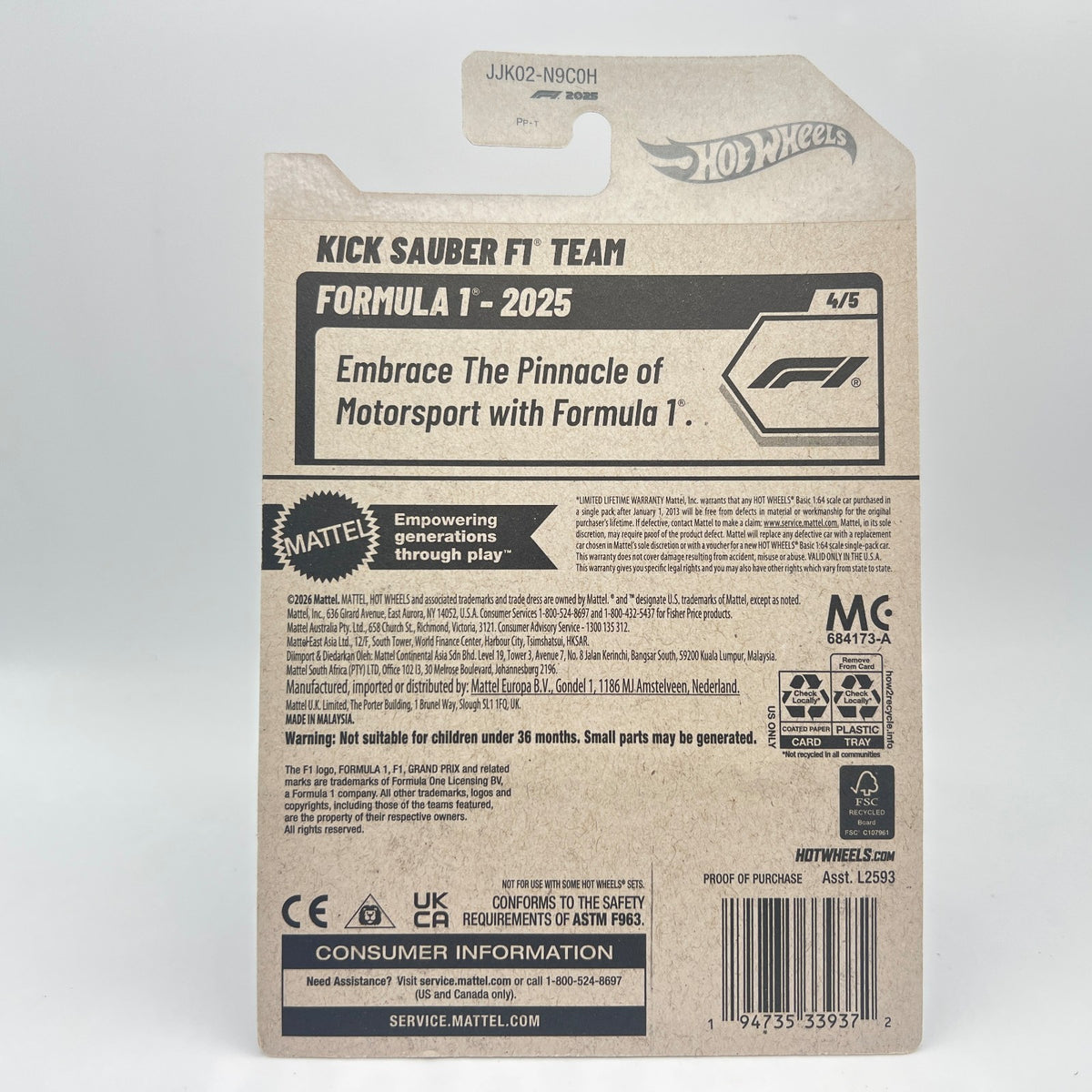 HOT WHEELS KICK SAUBER F1 TEAM Scale 1:64 For Diorama