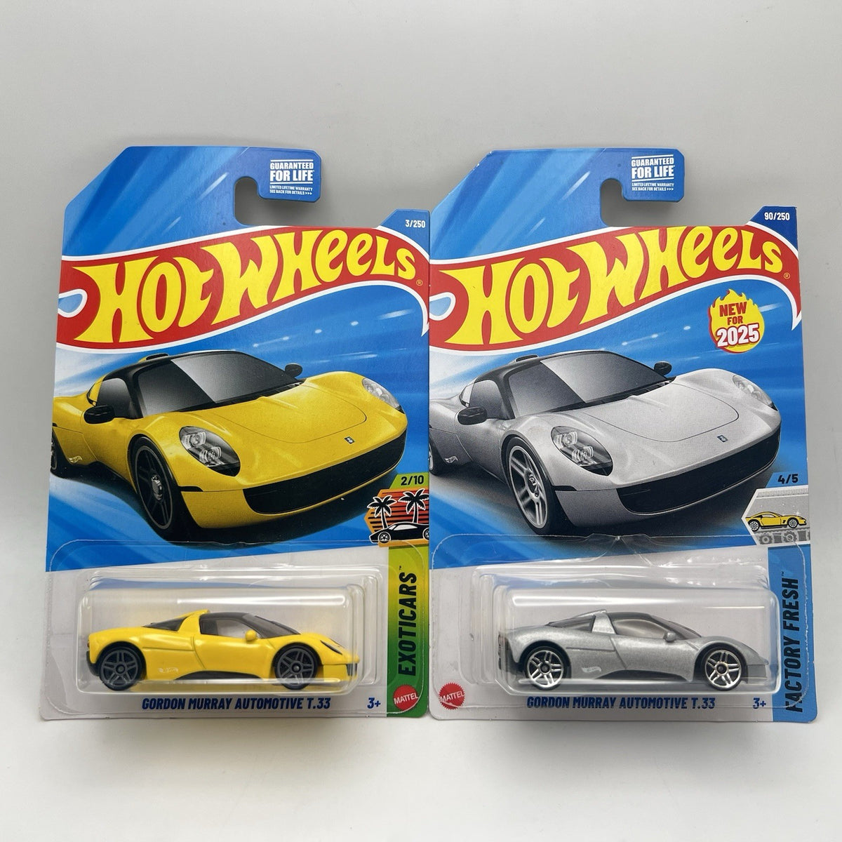 New Hotwheels Gordon Murray Automotive T.33 Lot of 2 Cars. Silver and Yellow
