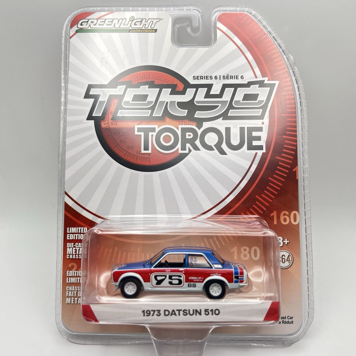 1/64 GREENLIGHT TOKYO TORQUE 1973 DATSUN 510 #75 RALLY CAR RED WHITE & BLUE