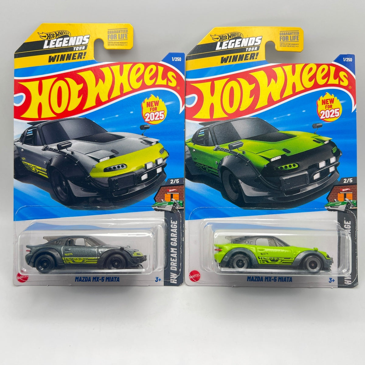 Hot Wheels Mazda MX-5 Miata Lot of 2 Gray + Green Winner 1/250 Dream Garage