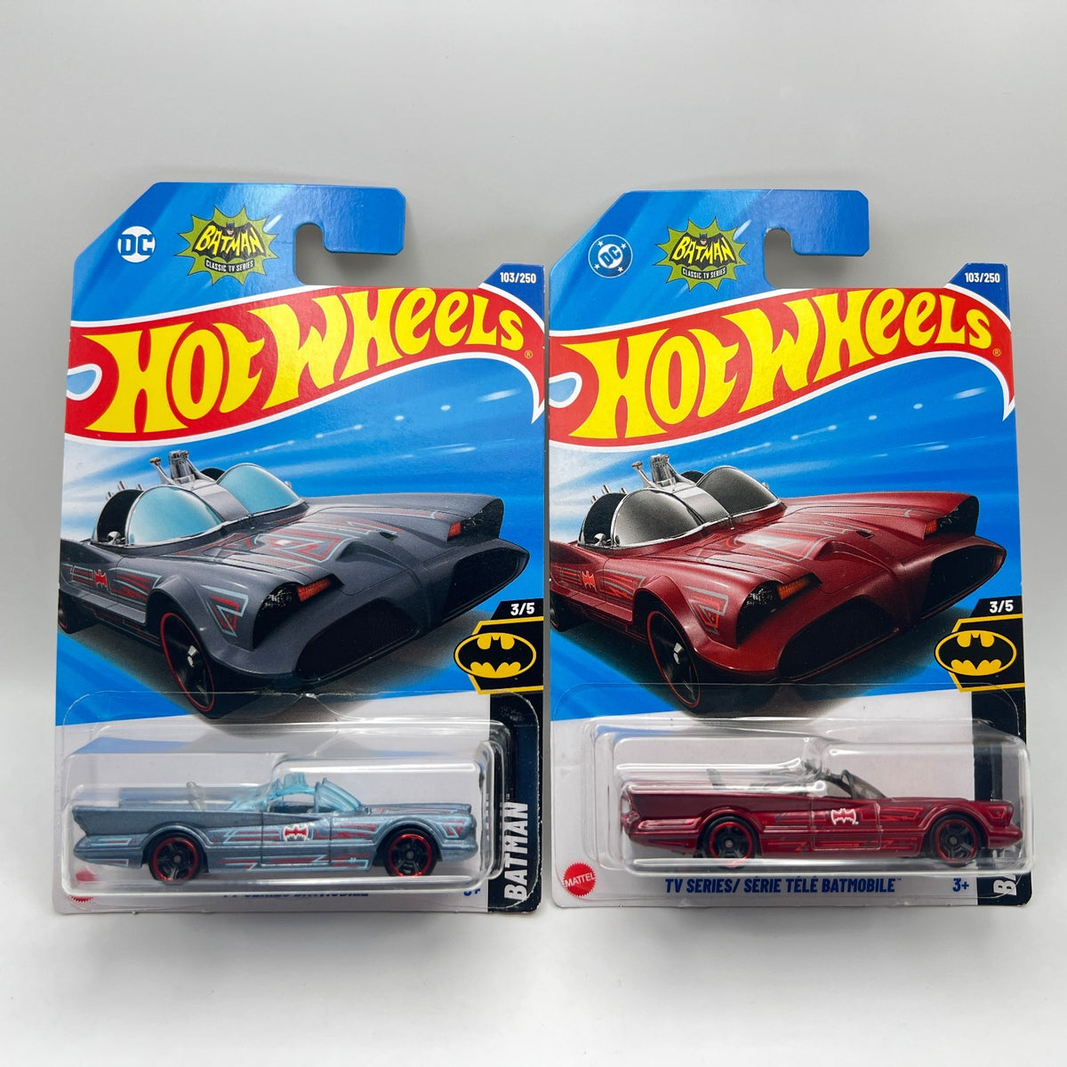 HOT WHEELS TV SERIES BATMOBILE LOT OF 2 GRAY & DARK RED BATMAN 3/5 103/250 INTL