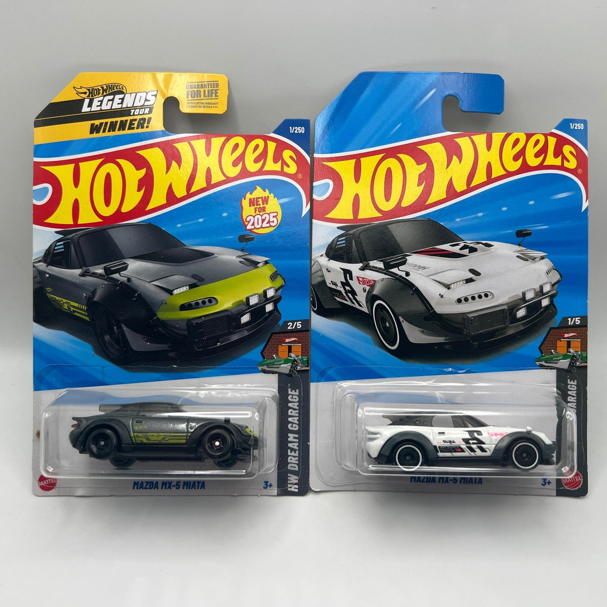 Hot Wheels Mazda MX-5 Miata Lot of 2 Grey Legends Tour + White 6 Dream Garage