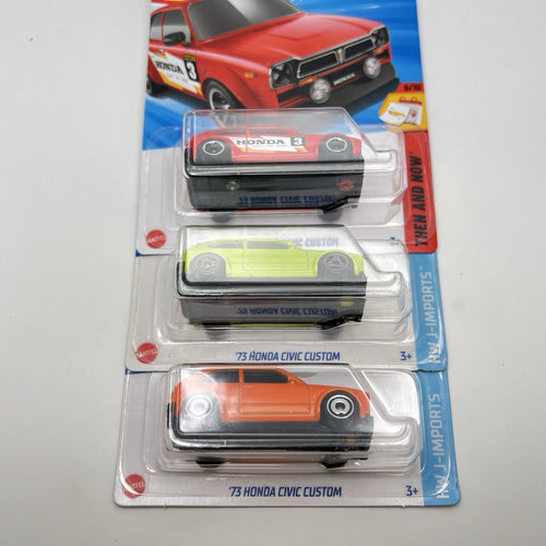 (3) 2024 Hot Wheels 1973 Honda Civic Custom Red, Green, Orange 1:64 JDM